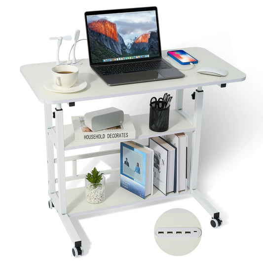 Adjustable Height Student Computer Desk with USB Port, Mobile Portable Bedside Table with Storage, 31.5" Standing Desk for Sofa