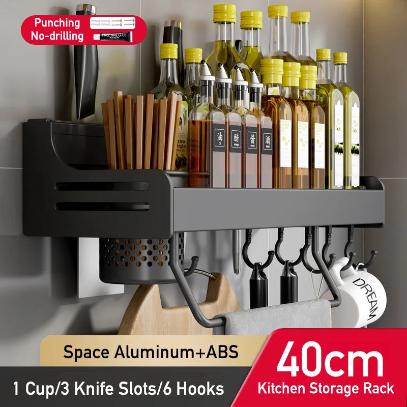 No Drill Kitchen Storage Rack Aluminum Wall Mount Spice Seasoning Spoon Knife Stand Holder Rag Dishcloth Rack Organizer Shelf