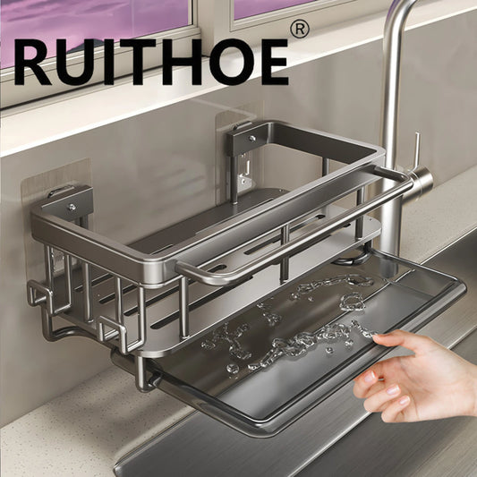 Kitchen Sink Drain Rack With Tray Aluminum  Sink Shelf Soap Sponge Holder Dishcloth Towel Rack filter basket