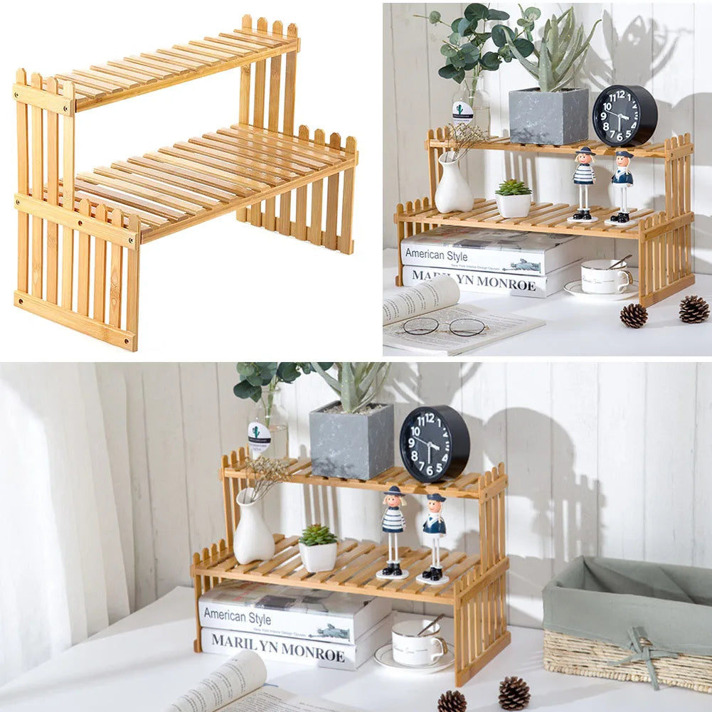 2 Tier Decorative Tabletop Wood Plant Stand Display Shelf For Home Office Tidy Storage Organiser