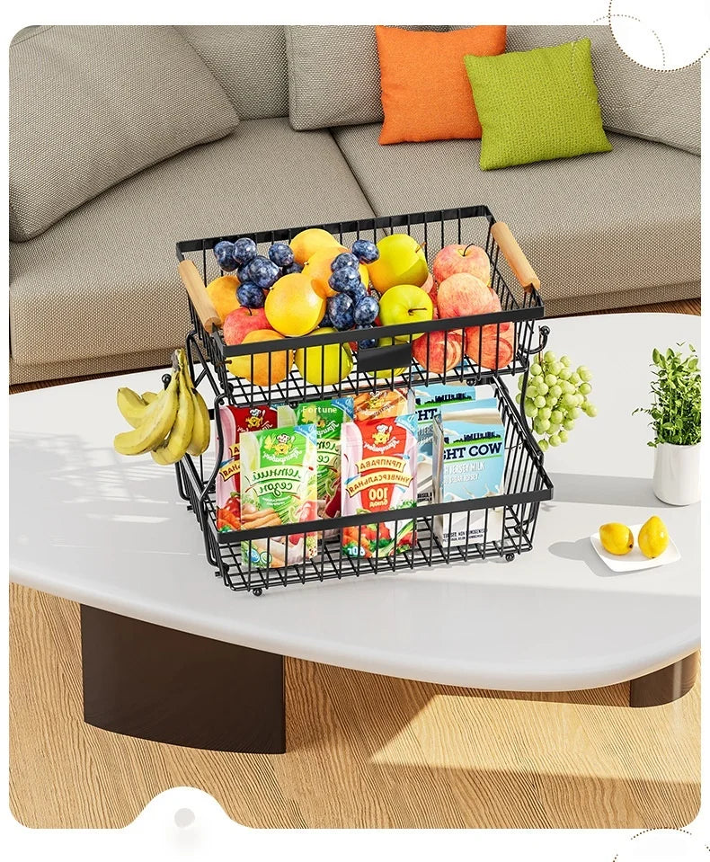 33*29cm deteachable fruit vegetable kitchen storage organisation racks holders double-layer trays wood hand SS home display