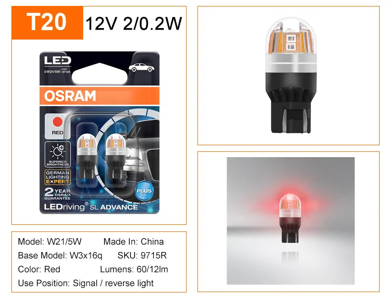 OSRAM Upgrade LED T20 W21W WY21W W21/5W Turn Signal Light 7440 7443 LEDriving SL Advance LED Car Reverse Lamp Brake Stop Bulb 2X