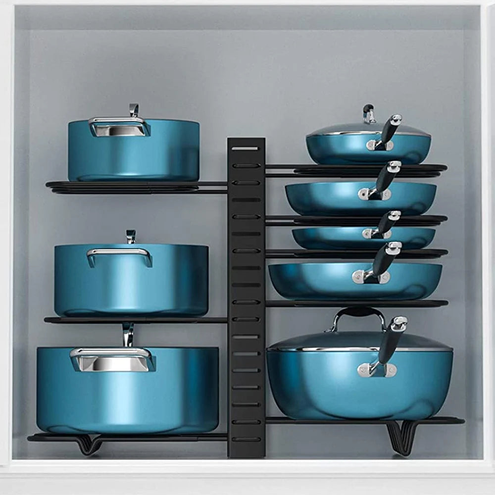 8 Tiers Pan Pot Organiser Rack 3 DIY Methods Adjustable Cabinet Pantry Pots Lids Storage Rack Kitchen Organisation
