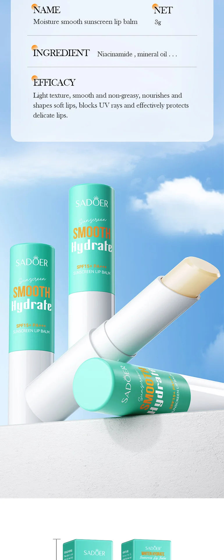 SADOER Spf 15+ Lip Sunscreen Solar Blocker Moisturising Lip Balm