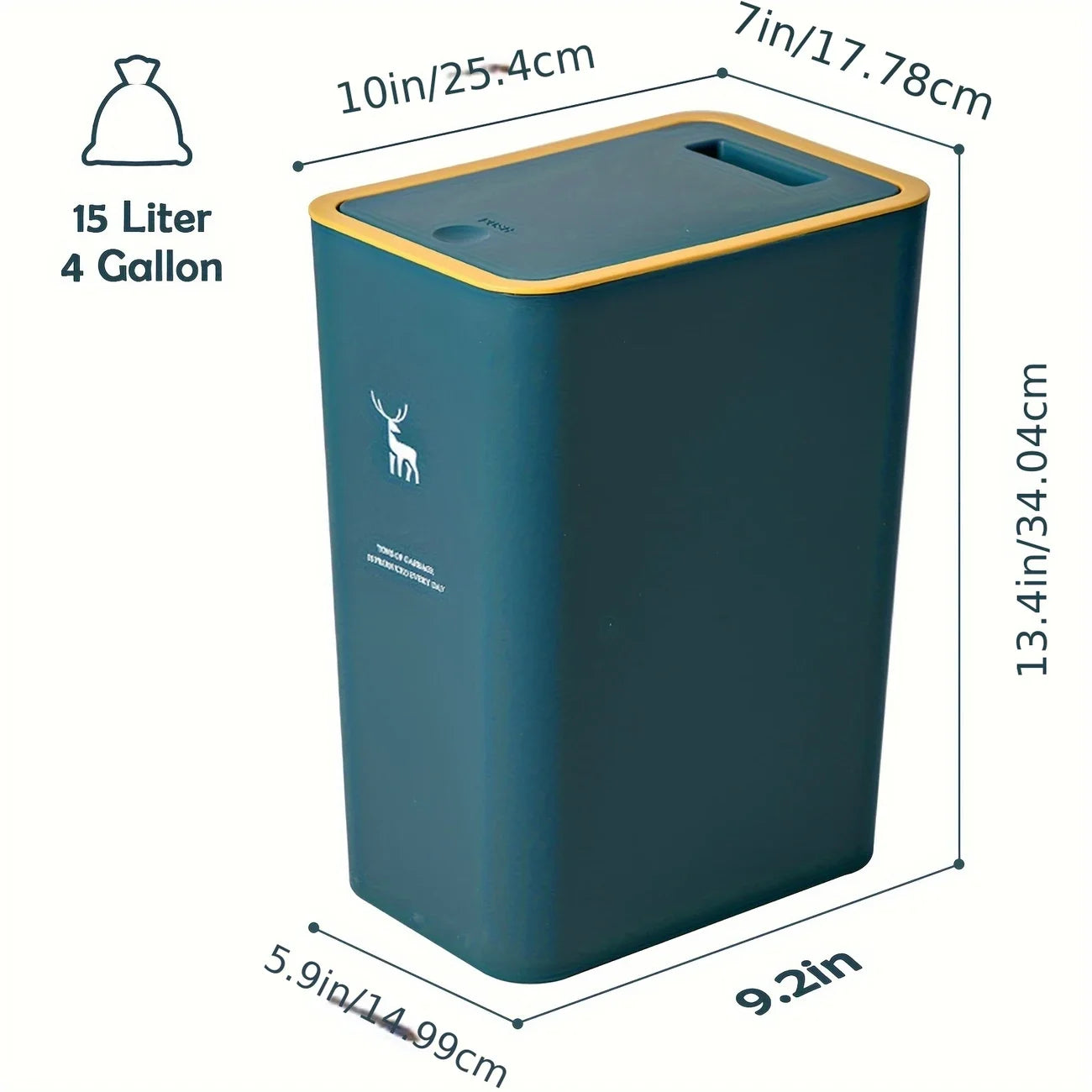 1pc Bathroom Trash Can 15L Garbage Can with Press Top Lid for Kitchen, Bedroom, Living Room Plastic Wastebasket with Pop-up Lid