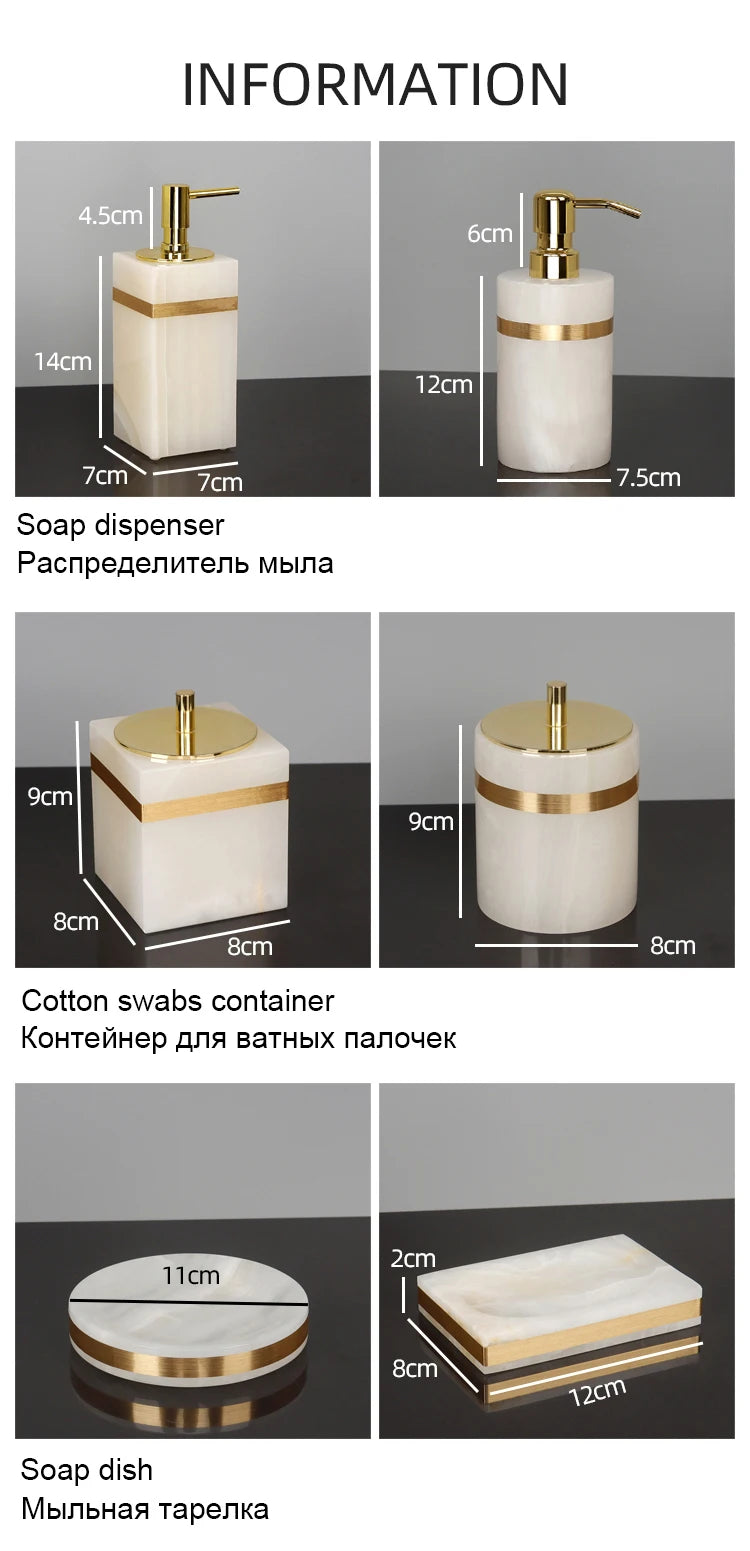White Onyx Natural Marble Bathroom Accessories Gold Luxury Soap Dispenser Cotton Swab Holder Toothbrush Holder Bathroom Set