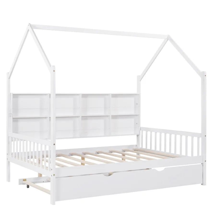 Wooden Full Size House Bed with Trundle Bed with Shelf