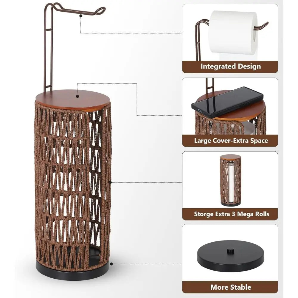 Freestanding Toilet Paper Holder with Storage,3 Rolls of Tissue Holder for Bathroom,Handmade WovenToilet Roll Holder Stand