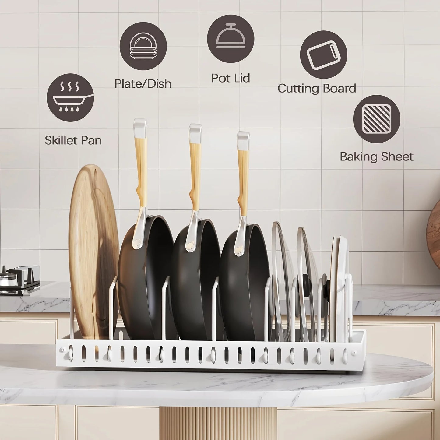 Cookware and Frying Pan Storage Rack with Pull-Out Lid Storage Box, Suitable for Placement under the Cabinet, Featuring a Pot Lid Rack with 8 Adjustable Dividers