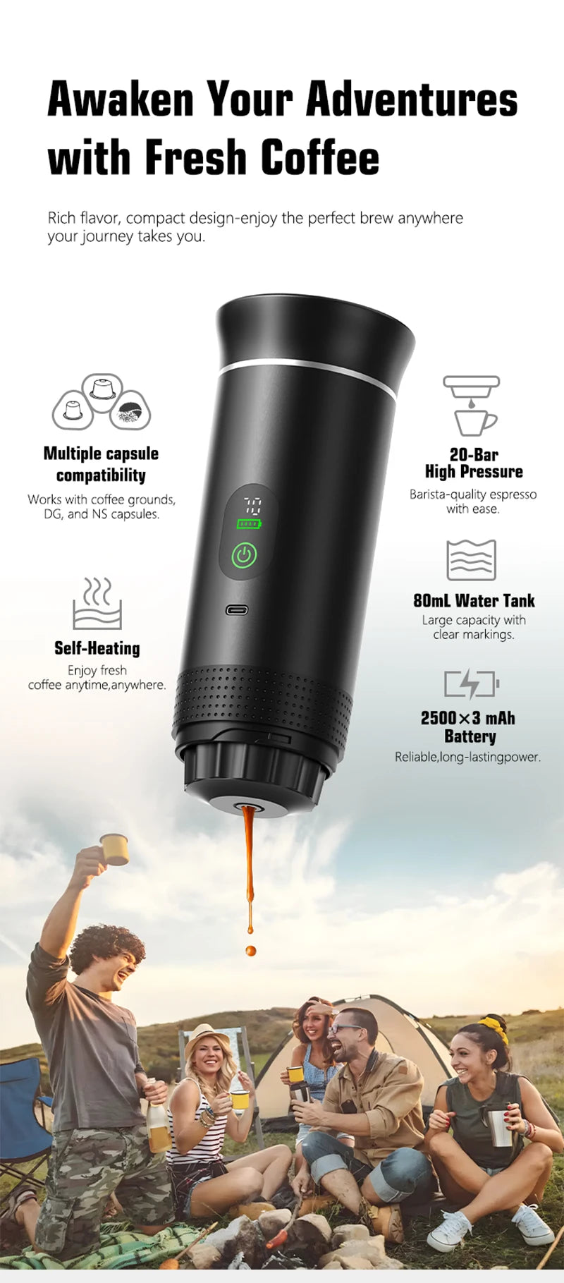 DENOKIN Portable Espresso Coffee Machine With Digital Display 3-in-1 Capsule Coffee Maker