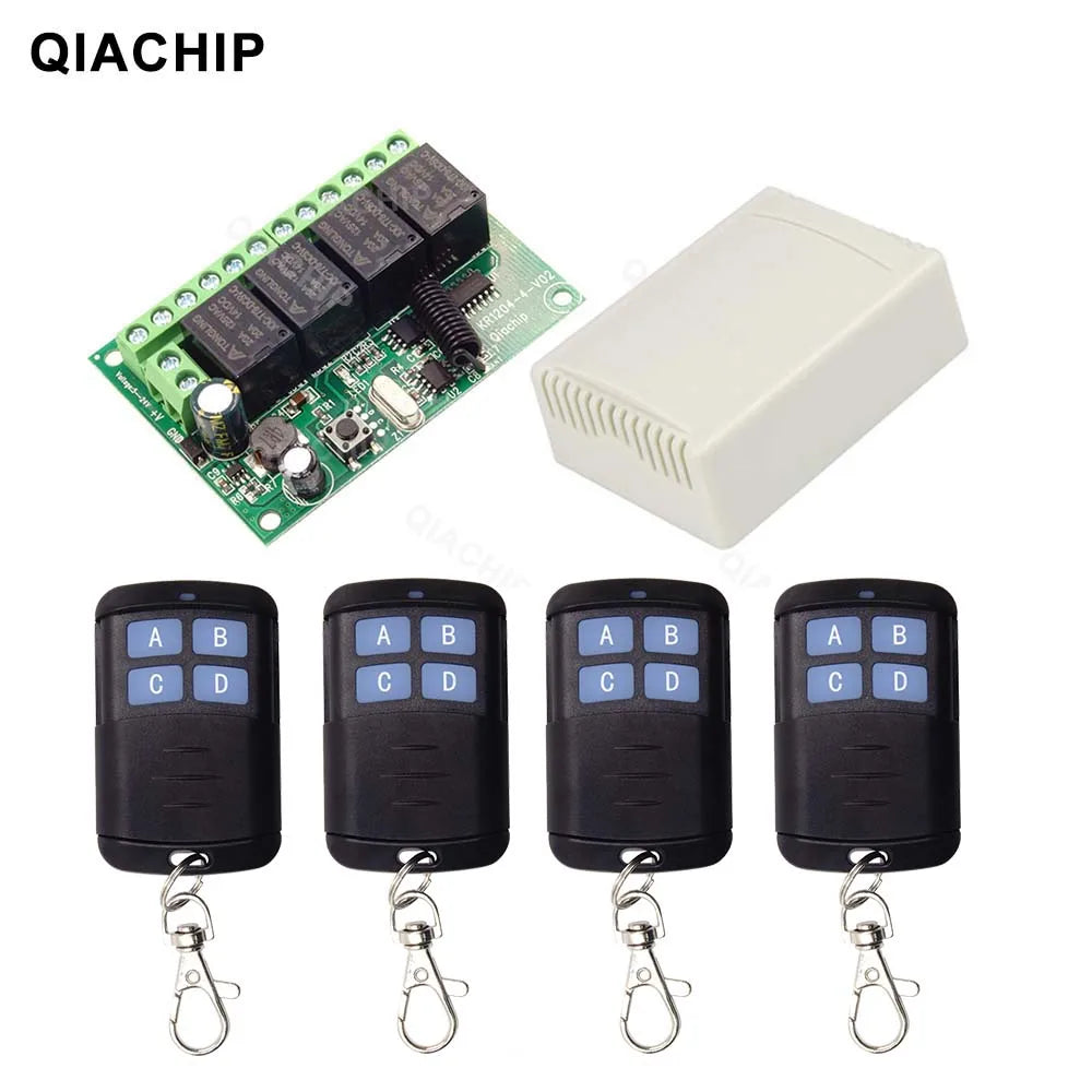 QIACHIP 4CH 433.92MHz Relay Module – DC 5V/12V/24V/48V 10A Wireless Remote Control Switch for EV1527, DC Motor DIY