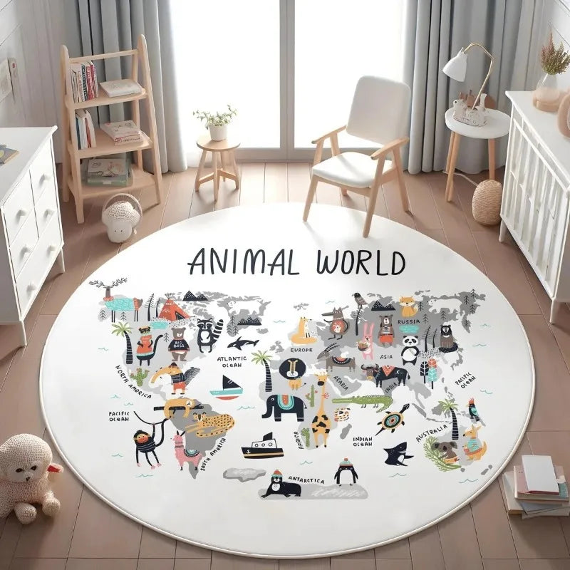 Children's Play Round Floor Mat Animal World Map Printed Carpet Children's Bedroom Bedside Non Slip Foot Mat Home Decoration