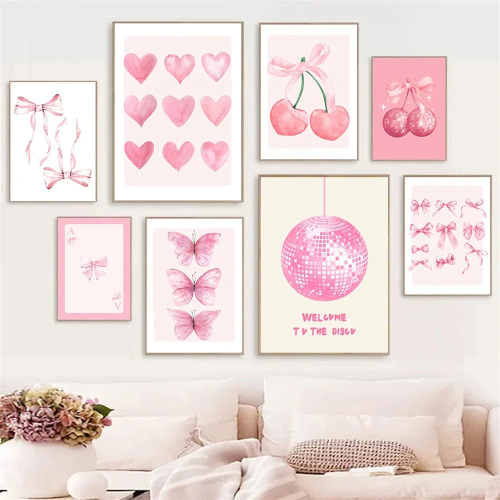 Trendy Pink Bows Preppy College Watercolor Bows Coquette Girly Poster Print Wall Art Pictures Canvas Painting Room Home Decor