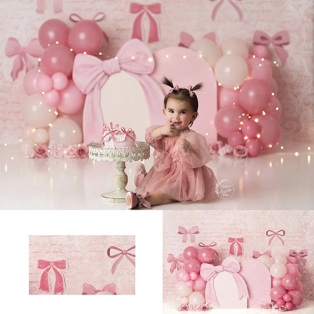Pink Bowknots Arch Balloons Backdrops Kids Baby Girl 1st Birthday Cake Smash Props Child Photocall Backgrounds