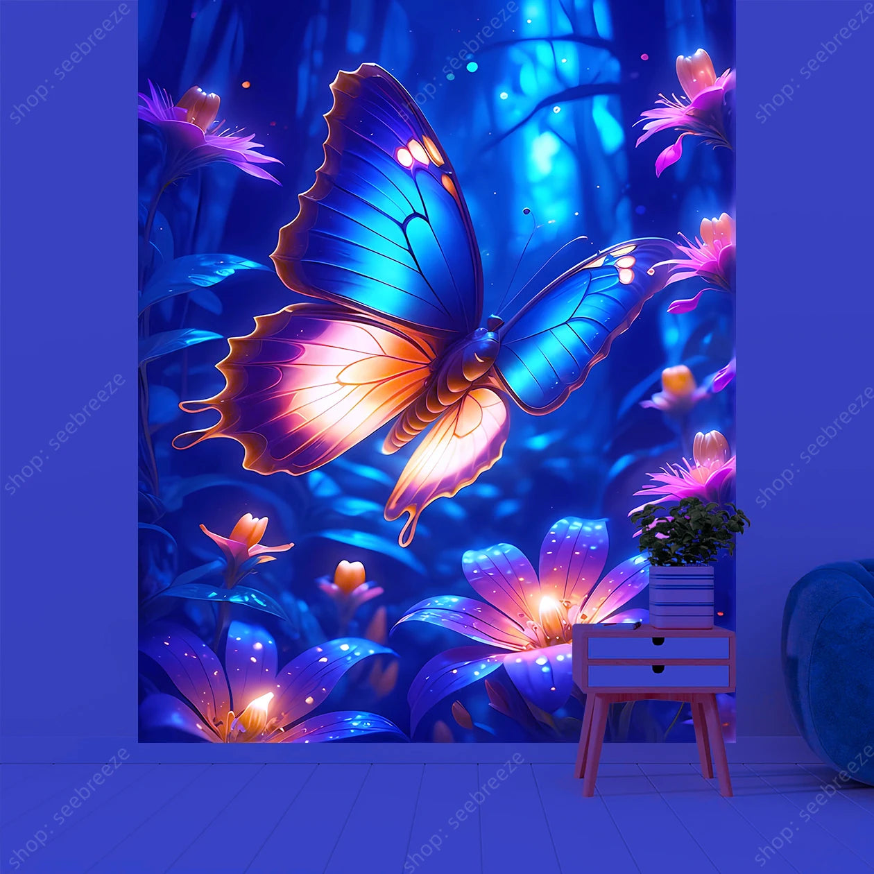 Butterfly Flower UV Reactive Tapestry Wall Hanging Hippie Boho Room Decor