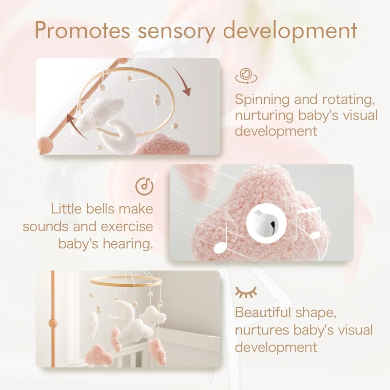 Wooden Crib Mobile Baby Bed Bell Rattle Toy Soft Felt Cartoon Bear Mobile bracket Newborn Music Box Bed Bell Hanging Bracket Toy