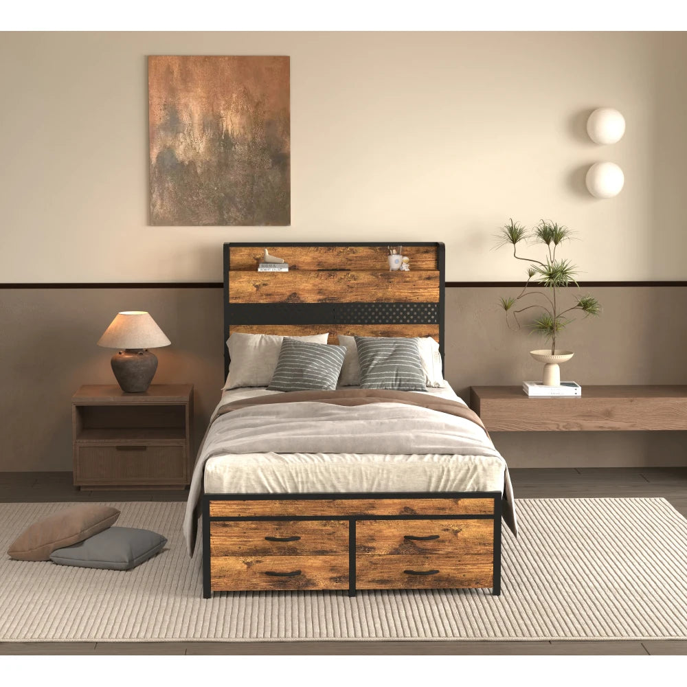 Twin Bed Frames with Headboard, Twin Size Bed Frames with Storage Drawers, Twin Bed, Black Metal Platform Bed Frame, Single Bed