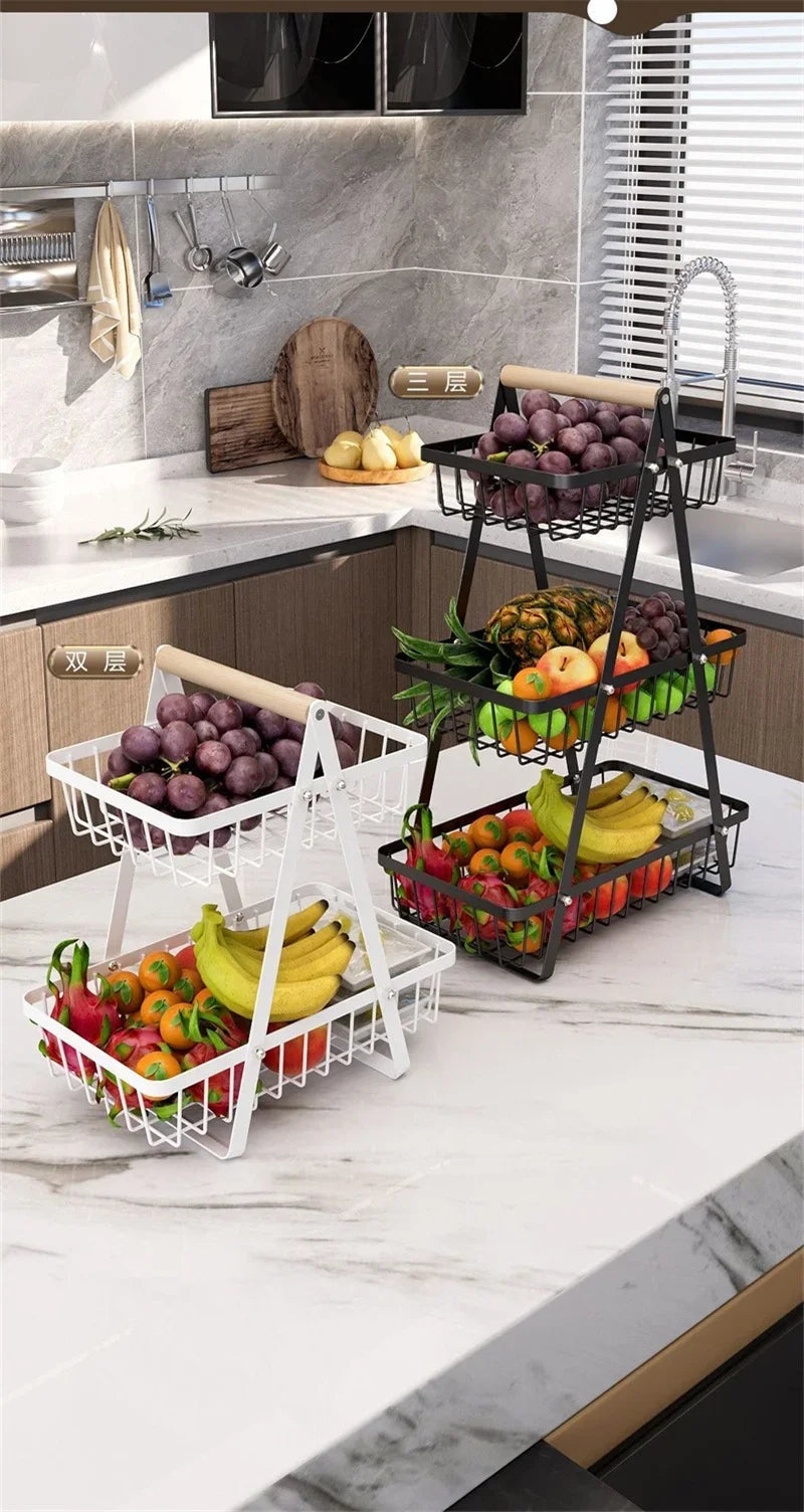 2-3 Tiers Countertop Fruit Basket Portable Iron Art Kitchen Organiser for Fruits Bread Snacks Storage Rack