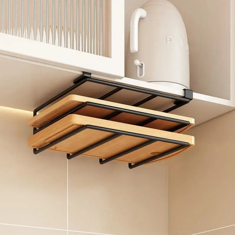 Kitchen Under Cabinet Hanging Organiser Rack with Hooks Multi-Purpose Holder for Paper Towel Cutting Board & Pot Lids