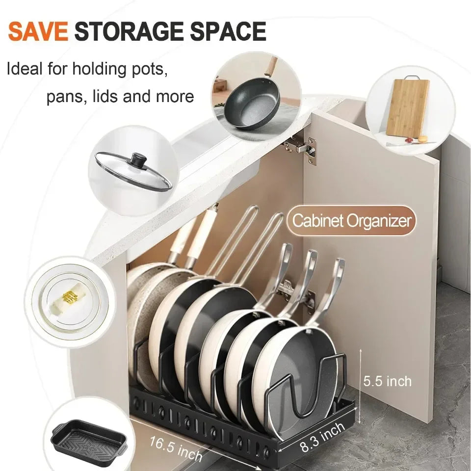 1Pc Adjustable Pull Out Pot Pan Rack Kitchen Cabinet Organiser, Expandable Kitchen Storage Holder for Pots Pans Lids Dishes