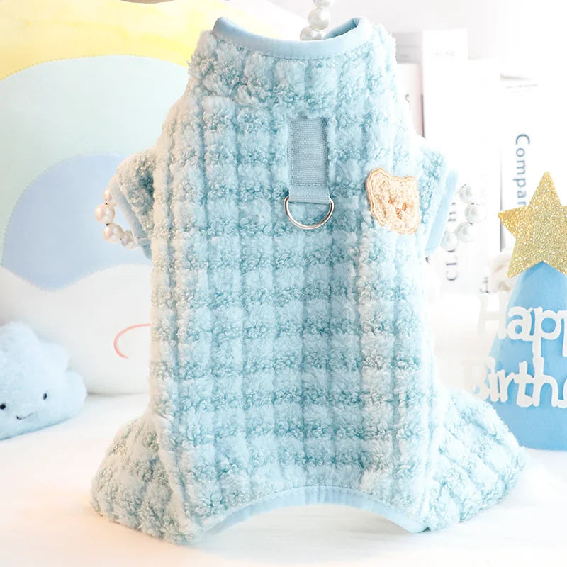 Plaid Winter Pet Jumpsuit – Warm Pajamas Overalls for Small Dogs, Pomeranians, Chihuahuas, and Puppies