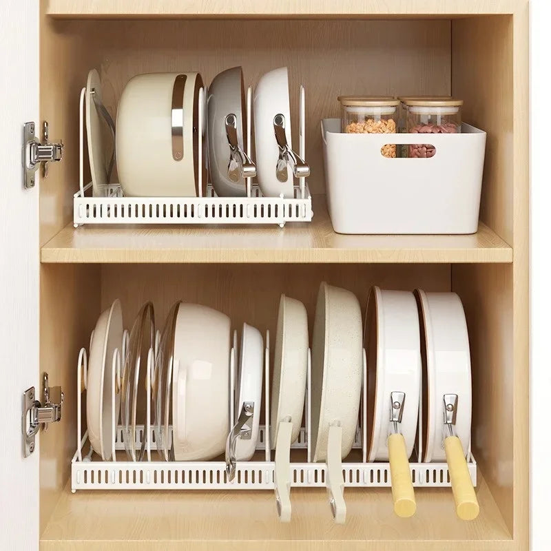 Pot Rack Bowl and Plate Storage Rack Multi-layer Retractable Adjustable Carbon Steel Pan Dish Drying Cookware Rack Kitchen Tools