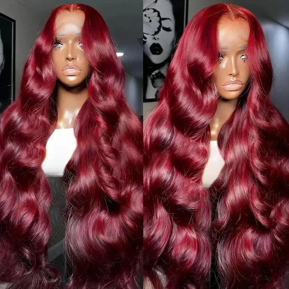 200% Density 99J Burgundy Body Wave 13x6 HD Transparent Lace wigs Frontal Wigs Brazilian Virgin Hair Pre plucked Wigs For Women