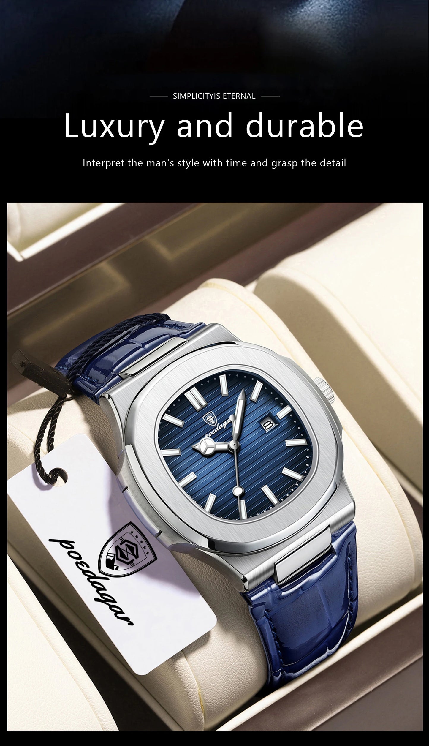 POEDAGAR Luxury Original Man Watch Date Waterproof Luminous Square Men Wristwatch High Quality Leather Men's Quartz Watches Male