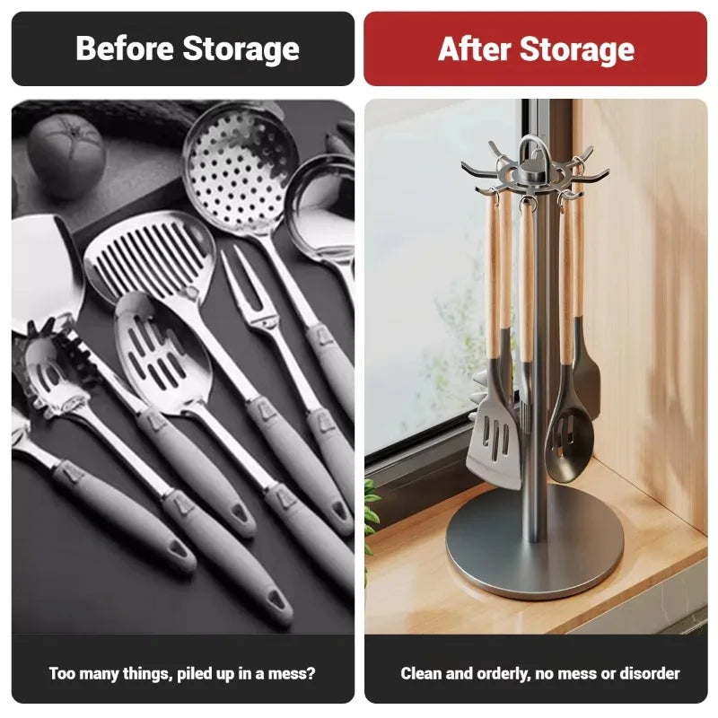 360° Rotating Kitchen Spatula and Utensil Rack - 8-Hook Movable Cooking Tool Storage Organiser for Countertop Space Saving