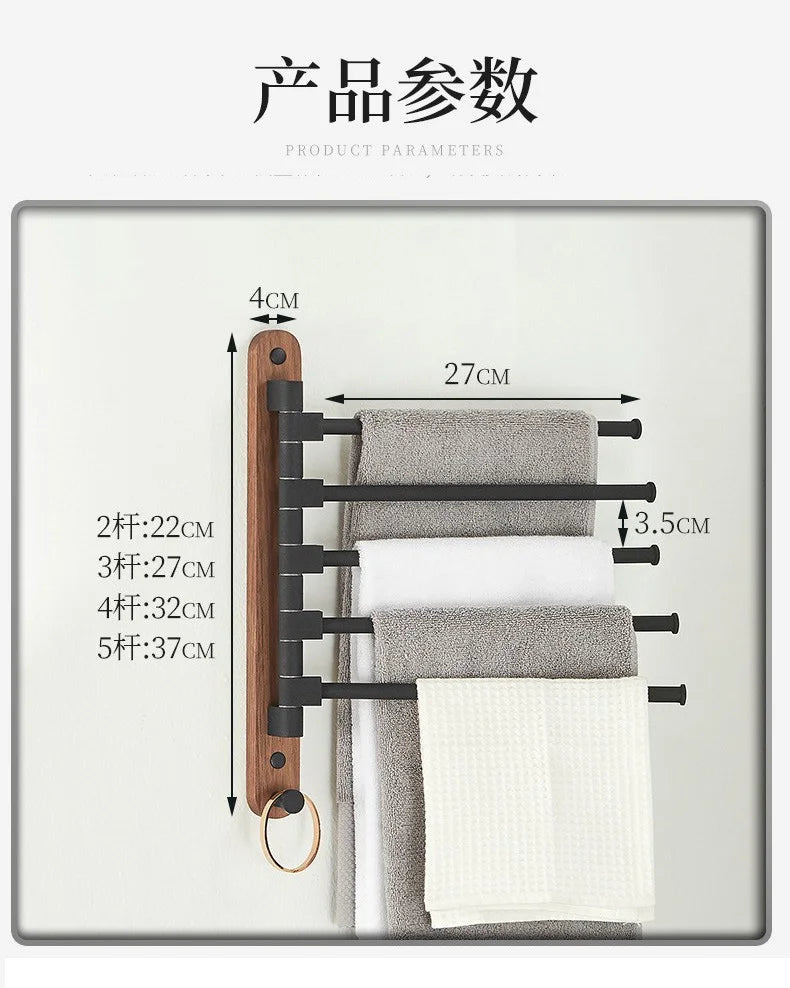 Bathroom Swivel Towel Rack, Wood & Matte Black Metal, 4-Arm Wall Mounted Towel Bar with Towel Ring, Space-Saving Towel Hanger