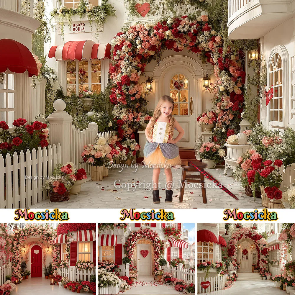 Mocsicka Valentines Day Flower Shop Backdrop Photography Red White Striped Floral Garden Background Kid Photo Shoot Studio Decor