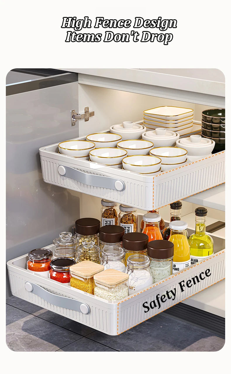 Kitchen Sliding Drawer with Slide Rail Cabinet Clothes Spice Dish Bowl Storage Rack Pull Out Cabinet Organiser Tray With Handle