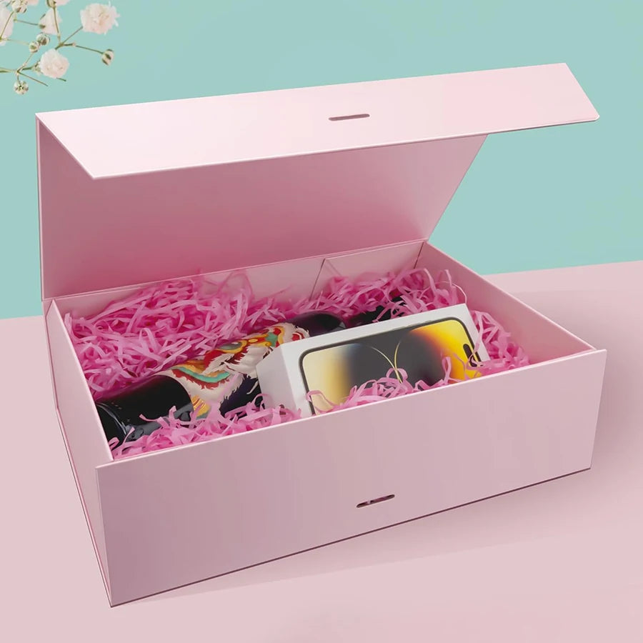 Pink/Black Magnetic Closure Gift Box with Raffia Gold Envelopes Wedding Birthday Jewelry Special Occasion Packaging JXB