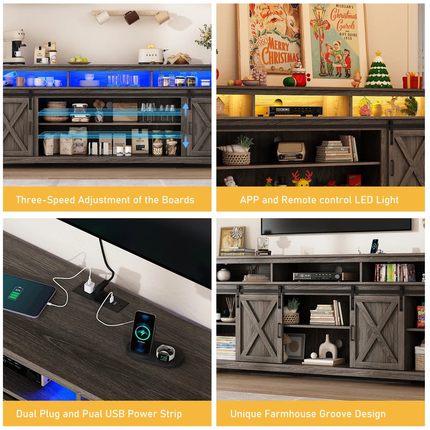 TV Stand Farmhouse Coffee Bar Cabinet Rustic Sliding Barn Door Storage Cabinet with Power Outlet & LED Light, 57" Wooden TV Cabi