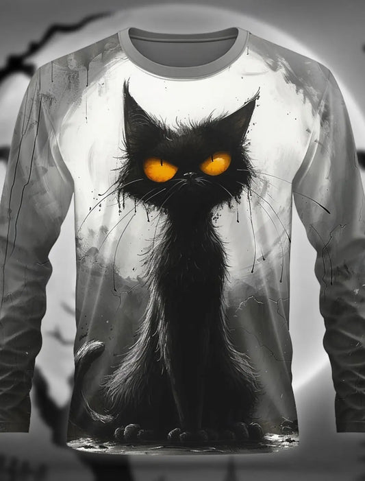 3D Printed Halloween Kitten Pattern 3D Printed Autumn Men's Crew Neck T-Shirt Casual Long Sleeve Oversized Pullover Fashion Tops