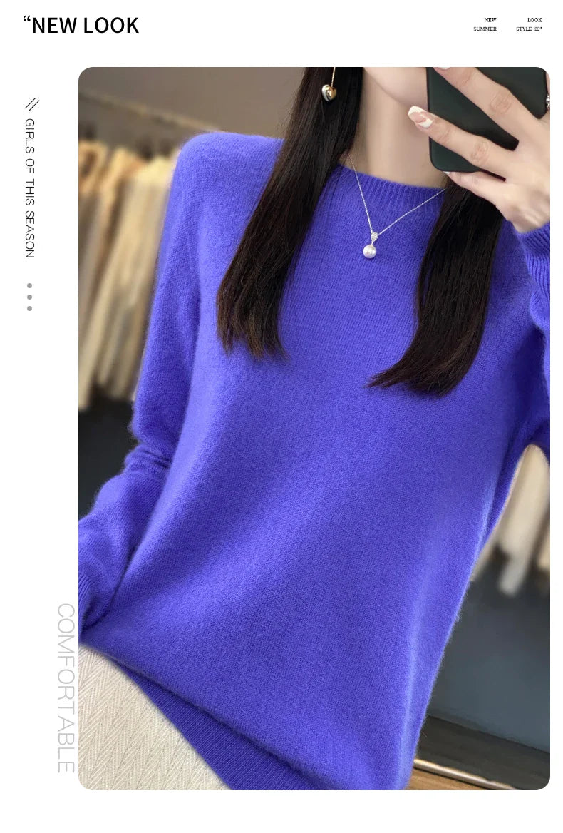 100% Merino Wool Women’s Sweater – Soft Cashmere-Feel O-Neck Pullover, Autumn/Winter Warm Knit Top (14 Colours)