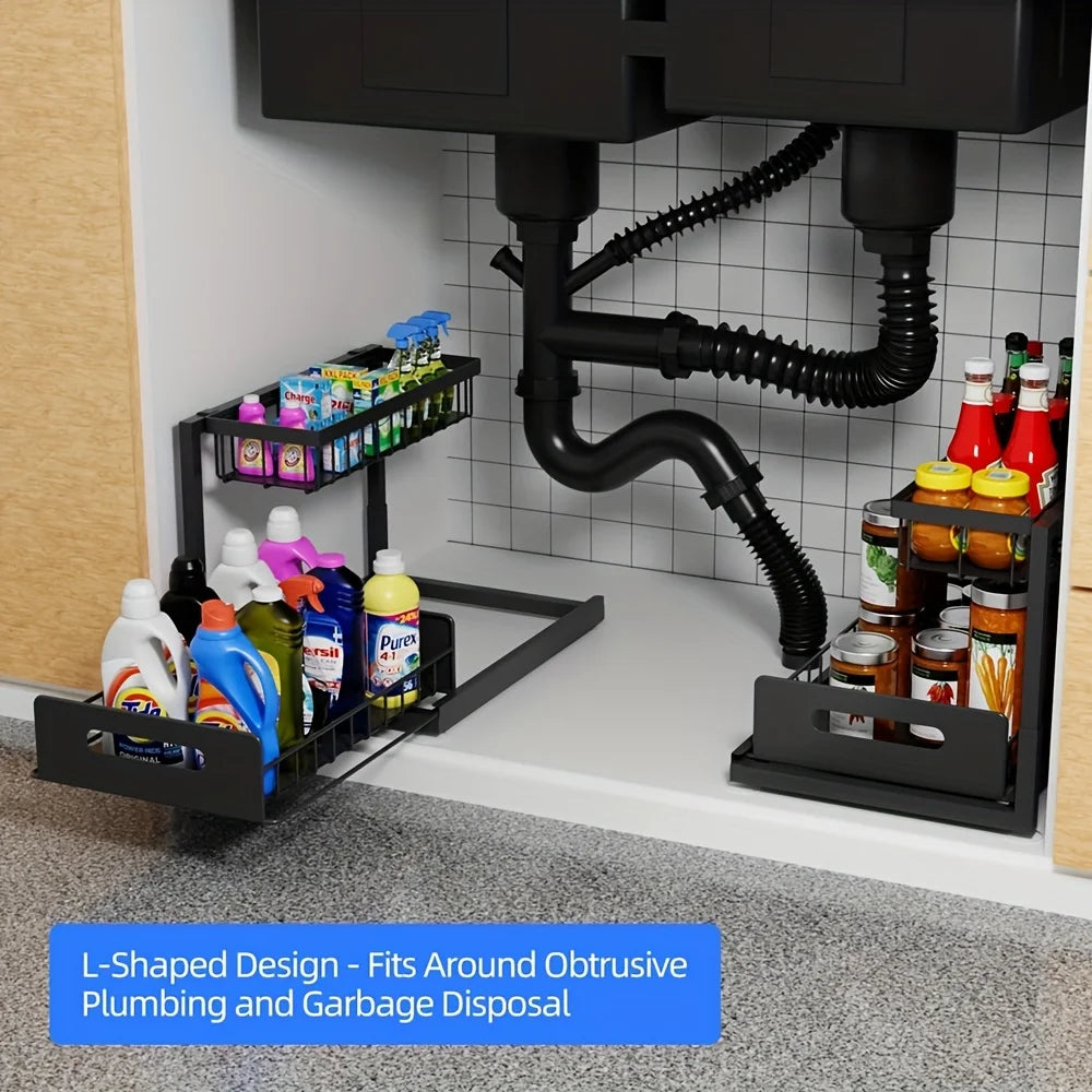 Best 2 Tier Under Sink Organiser Pull-out Sliding Cabinet Storage Basket Kitchen Bathroom Rack for Cleaning Supplies & Spices