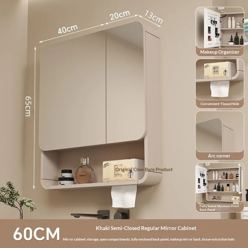 Bathroom Mirror Led Light Wall Mounted Carbon Fiber Curved Rounded Corner Smart Storage Mirror Cabinet Home Furniture Homehold