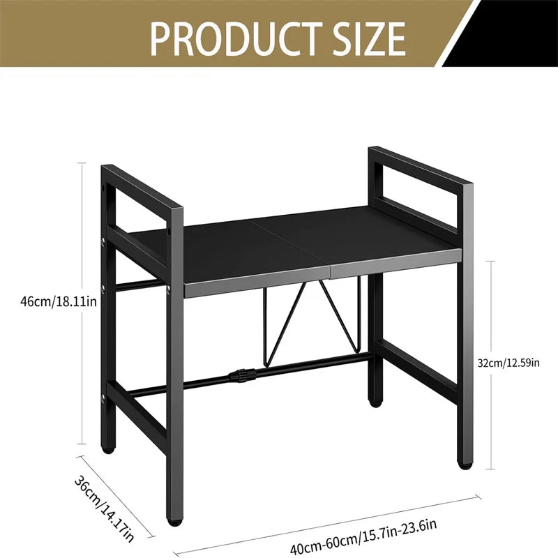 Adjustable Space-Saving Microwave Rack – 100kg Capacity, Kitchen Shelf with Hooks & Storage Organiser (Black)