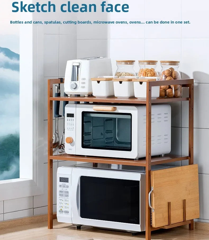 Kitchen Shelf Countertop Double Microwave Oven Shelf Desktop Seasoning Oven Storage Rack Bamboo Solid Wood
