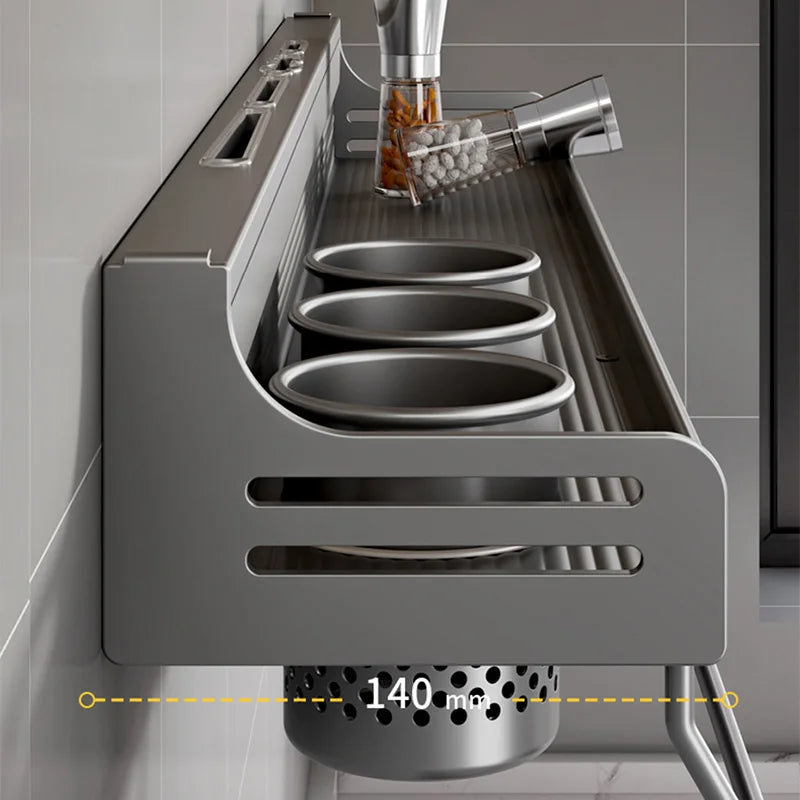 No Drill Kitchen Storage Rack Aluminum Wall Mount Spice Seasoning Spoon Knife Stand Holder Rag Dishcloth Rack Organizer Shelf