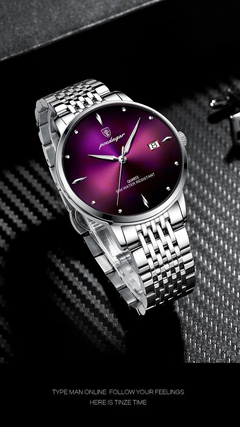 POEDAGAR Business quartz men's watch stainless steel waterproof night light date men's watch luxury casual simple men's watch