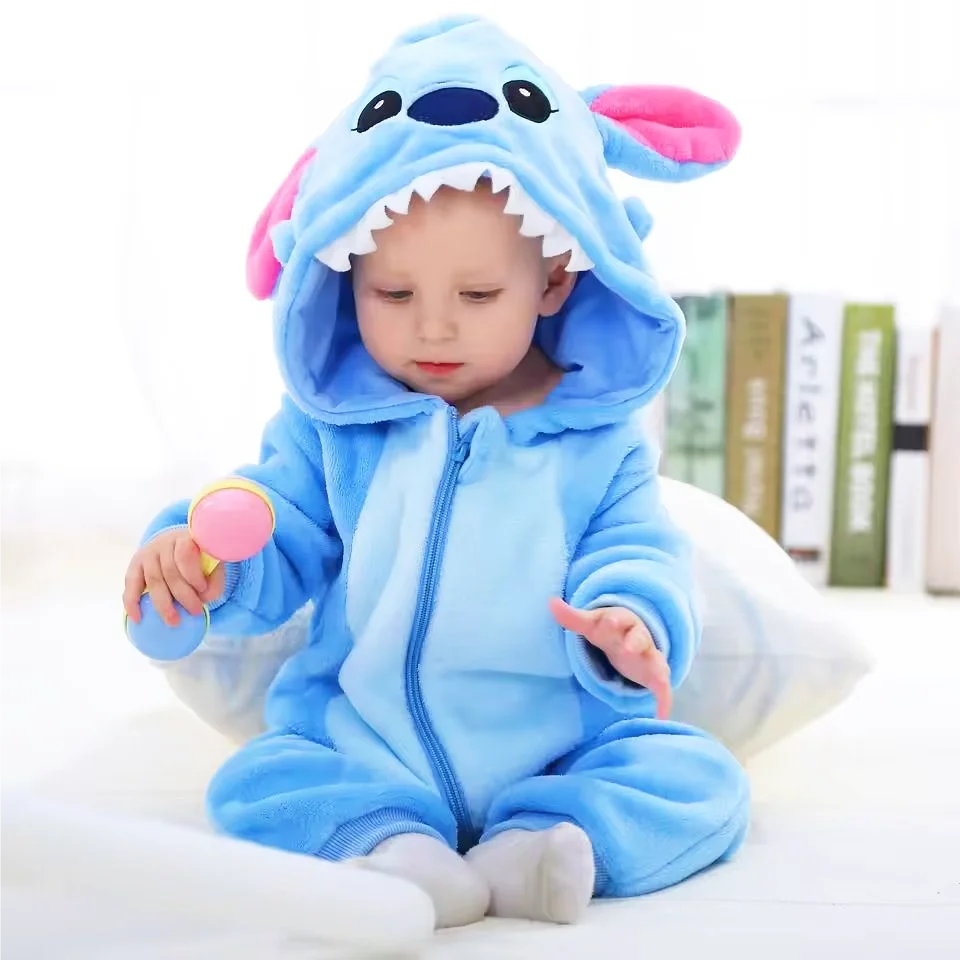 Baby Rompers Kids Cosplay Winter Flannel One-Pieces Hooded Jumpsuits Stitch Jumpers Overall Girl Grows Boy Growings Roupa Bebes
