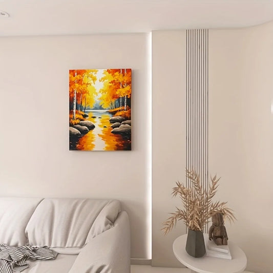Pine frame | Golden Autumn forest river view 1.5 "thick | classic vertical wall finish for living room, bedroom and home office