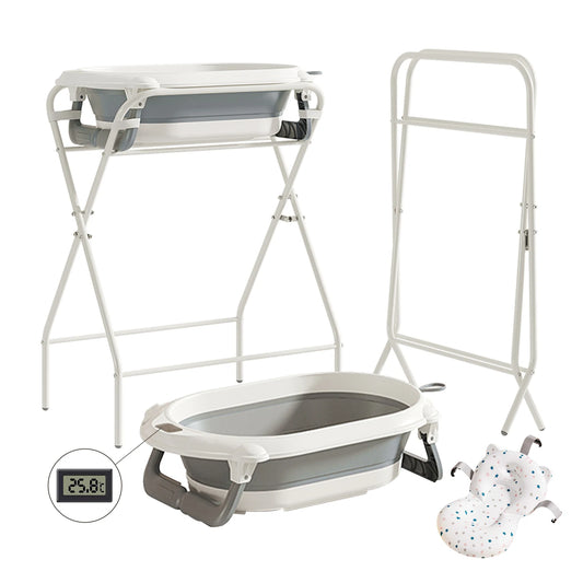 3 in 1 Baby Bath with Stand, Foldable Baby Bath Tub for Newborn to Toddler with Thermometer & Bath Pillow,Multifunctional,Grey