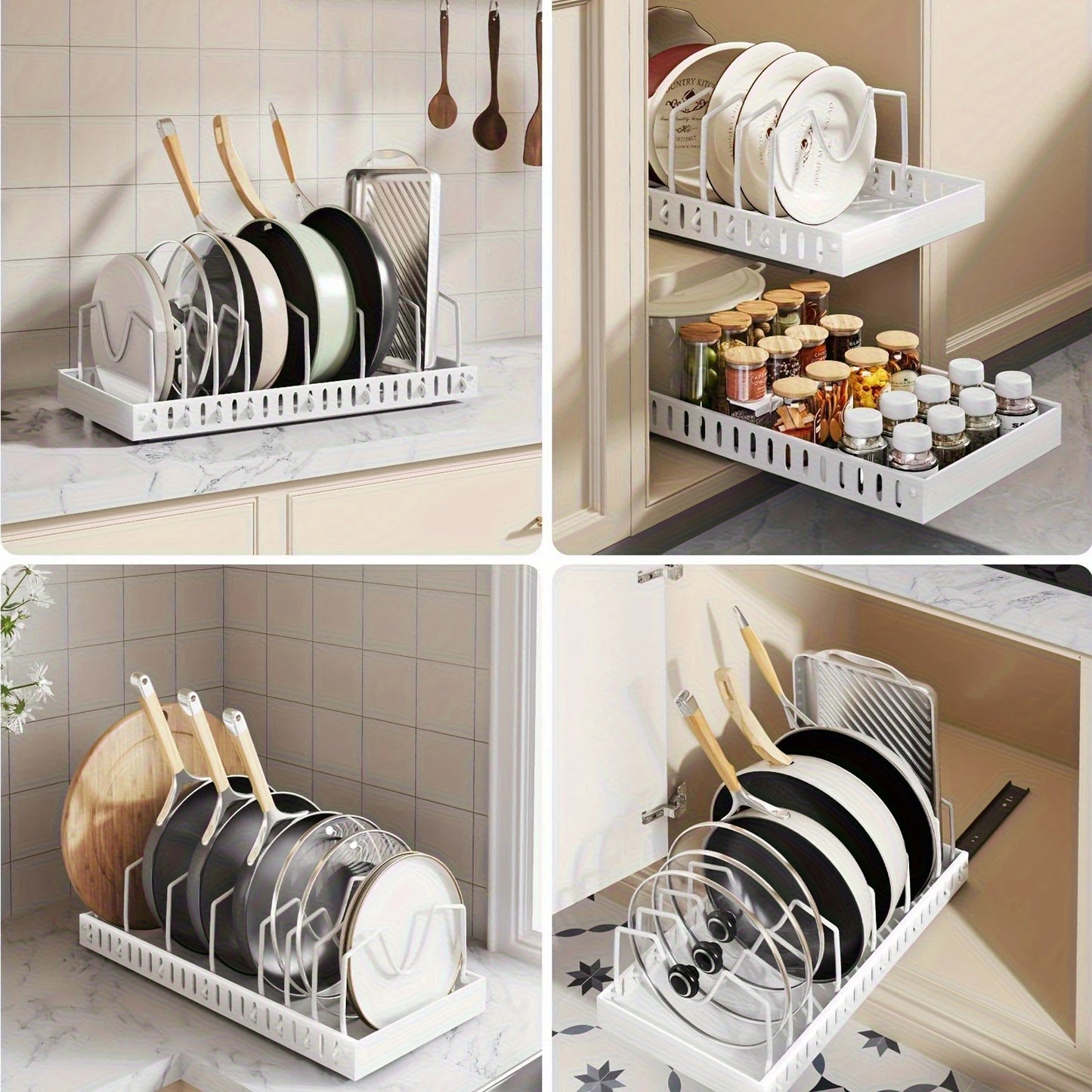 Cookware and Frying Pan Storage Rack with Pull-Out Lid Storage Box, Suitable for Placement under the Cabinet, Featuring a Pot Lid Rack with 8 Adjustable Dividers