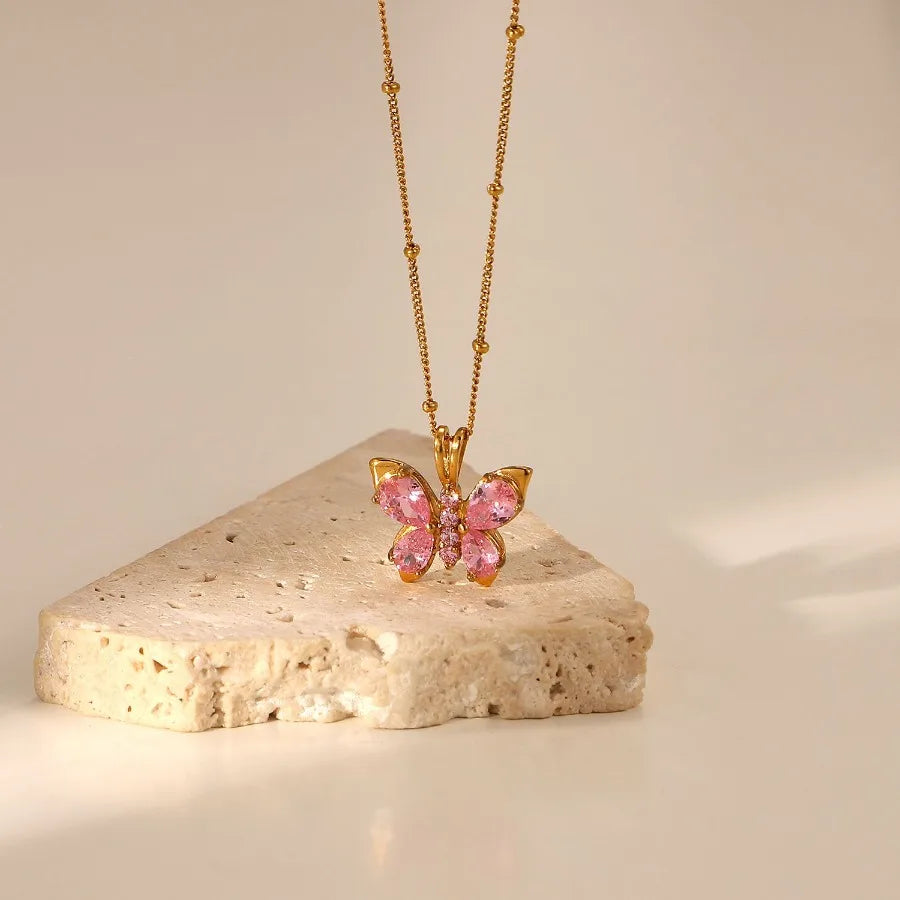 Titanium Steel Necklace Women 18k Gold Plated Stainless Steel Pink Zircon Butterfly Shape Pendant Necklace
