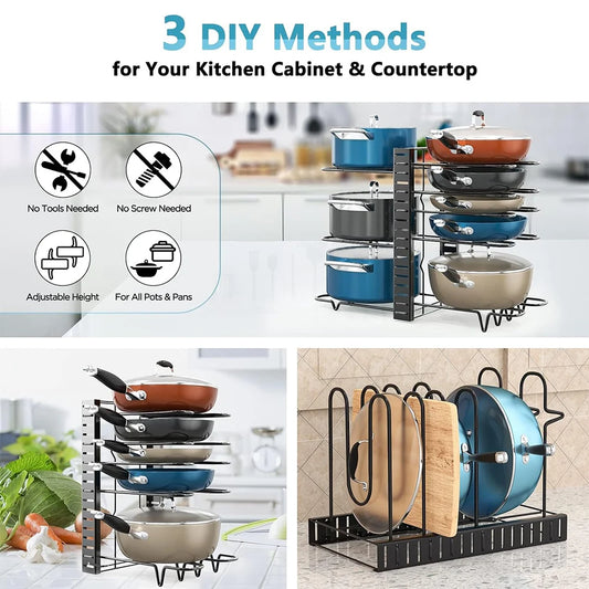 8 Tiers Pan Pot Organiser Rack 3 DIY Methods Adjustable Cabinet Pantry Pots Lids Storage Rack Kitchen Organization