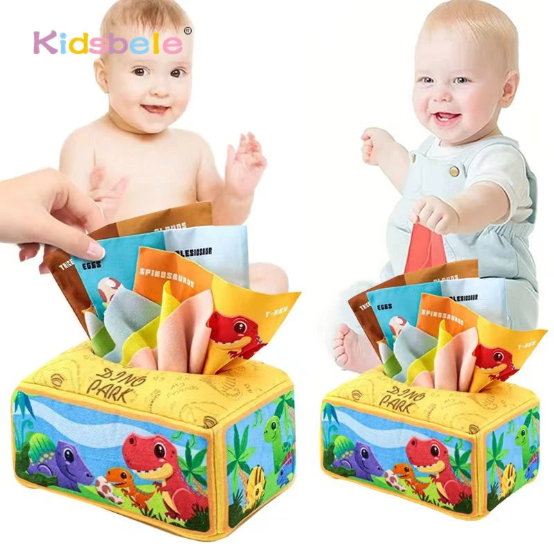 Montessori Tissue Box Toy for Baby Soft Pulling Cloth Sensory Fine Motor Skills and Calm Play for Toddlers Travel Stroller