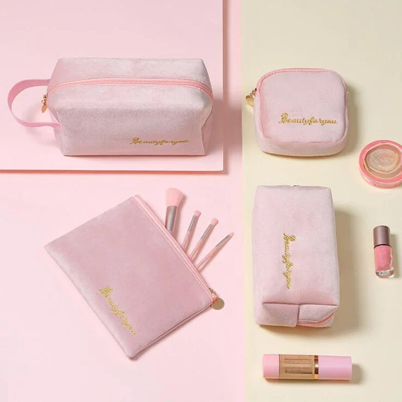 Plush Cosmetic Bag for Women – Large Zipper Makeup & Toiletry Travel Pouch, Solid Color Beauty Bag